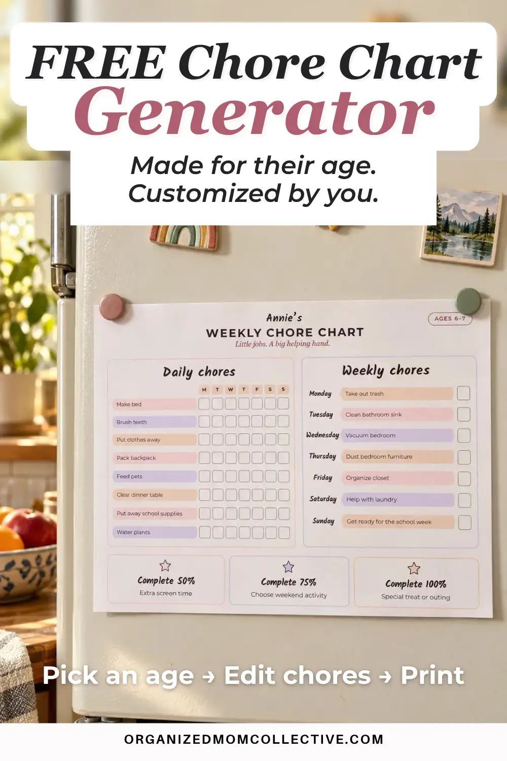 Free chore chart generator pin showing Annie’s pastel chart on a refrigerator. Made for their age. Customized by you. Pick an age, edit chores, print.
