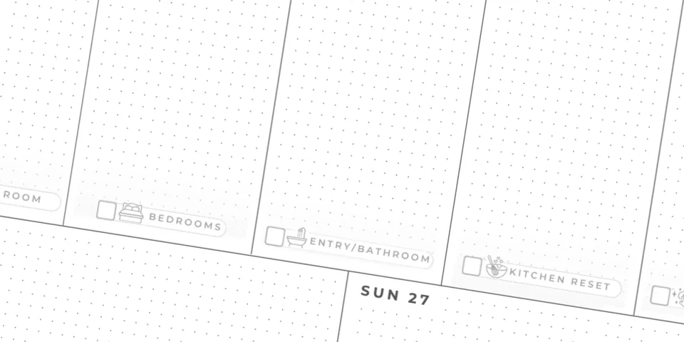 Close-up of the wall calendar’s weekly page, where each day’s column ends in a small printed cleaning tag: Bedrooms, Entry/Bathroom, Kitchen Reset.