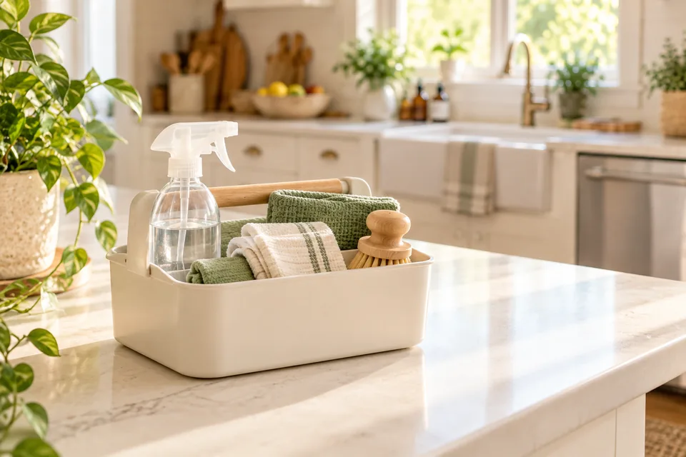 A cream cleaning caddy on a kitchen counter holding a glass spray bottle, folded green and white cloths and a wooden scrub brush.