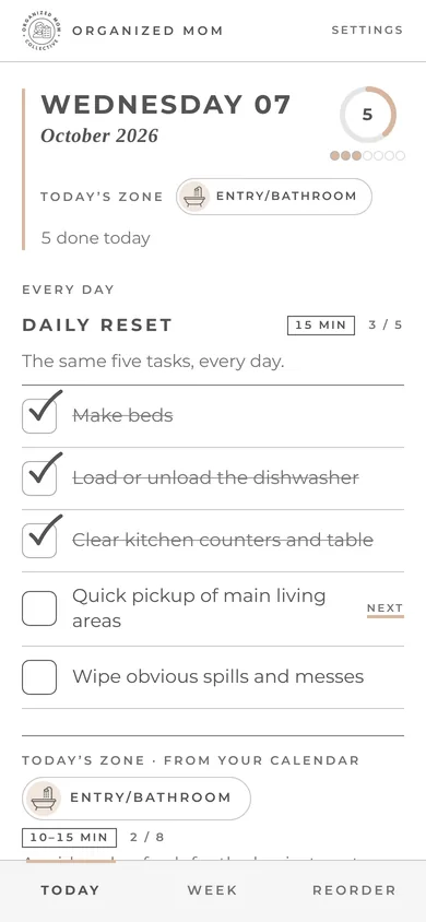 The cleaning companion's Today screen: today's cleaning zone as a short checklist, with some tasks checked off.