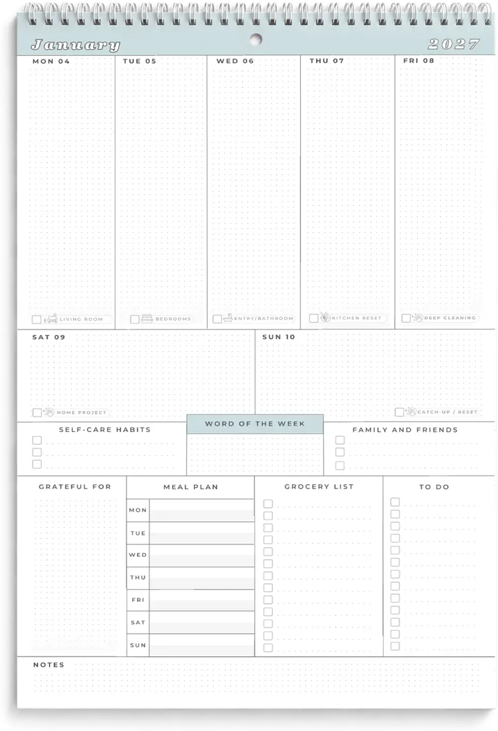 A page of the 2027 weekly wall calendar: a column for each day with its cleaning zone, Self-Care Habits, Word of the Week, Family and Friends, Grateful For, a meal plan, a grocery list, a to-do list and notes.