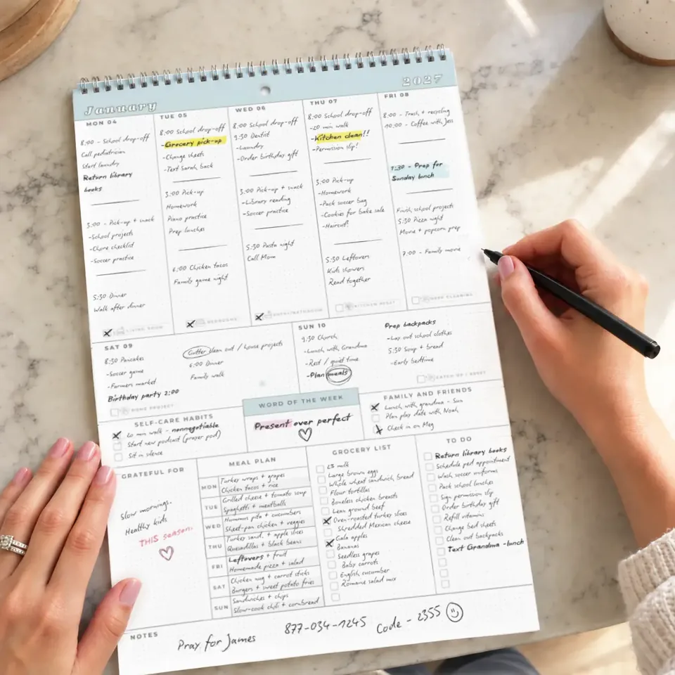 A hand writing in the 2027 wall calendar on a marble counter, its January week filled with school runs, dinners, a meal plan, a grocery list and to-dos.