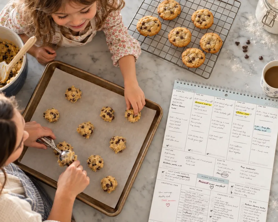 A mom and her young daughter scooping cookie dough at the kitchen counter, with the family's filled-in weekly calendar beside them.