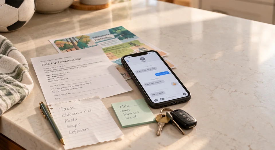 School forms, dinner and grocery notes, a phone with a soccer practice update, and keys on a kitchen counter, with a soccer ball nearby.