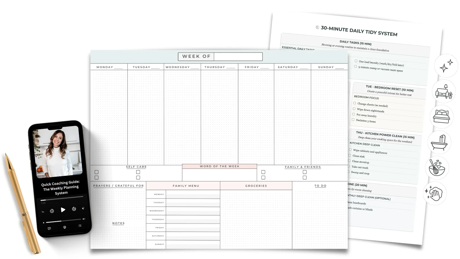 The Weekly Reset System: the Weekly Command Center planner page, the 30-Minute Daily Tidy System guide, and the coaching audio playing on a phone.