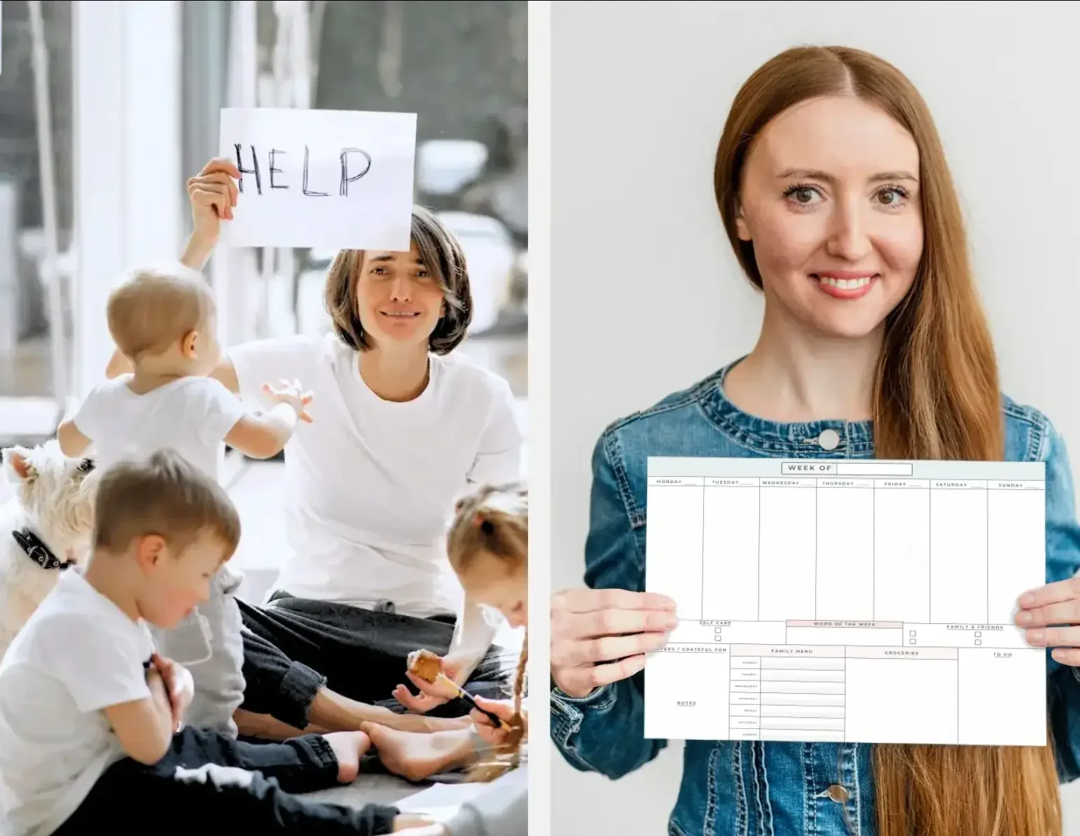 Two moms side by side: one on the floor with her kids holding up a sign that says HELP, the other smiling and holding up the Weekly Command Center.
